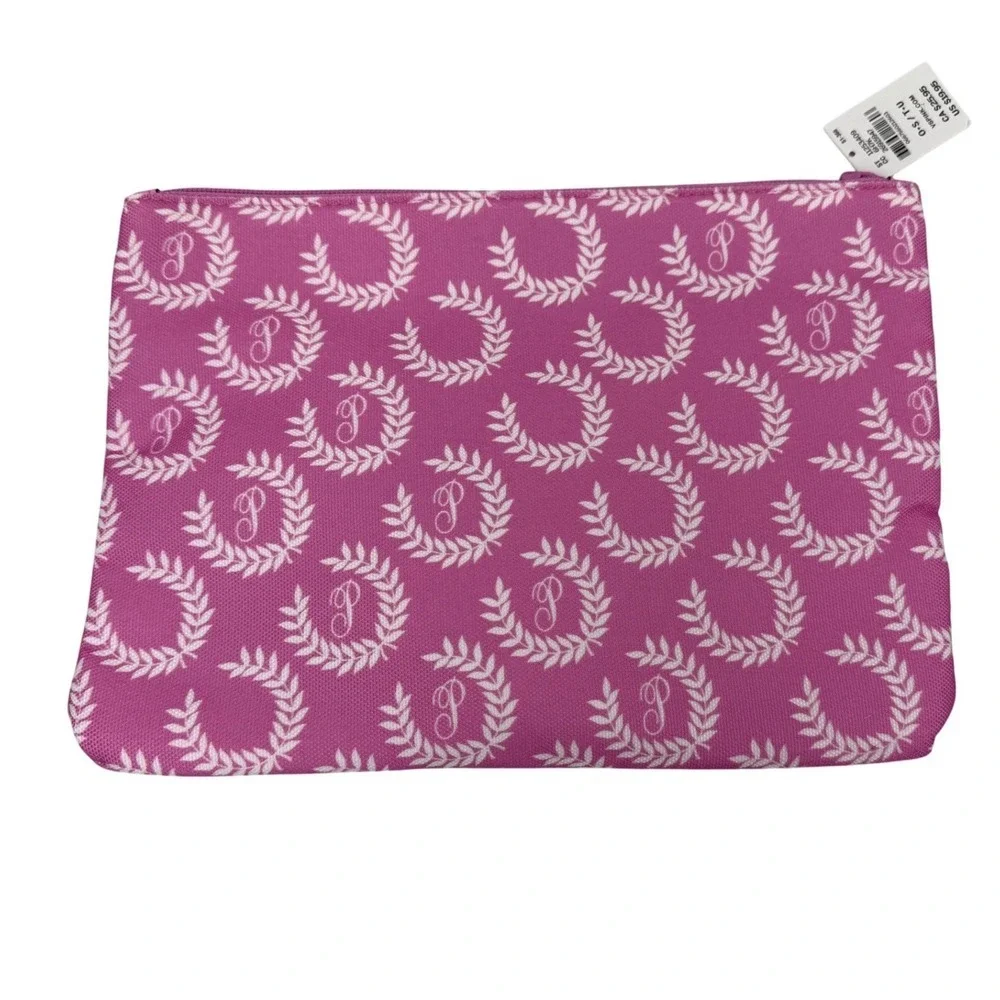 NWT VS Pink Cosmetic Pouch Bag Pink White Laurel Monogram Zipper Clutch